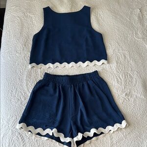Navy Blue and White Tank Top and Shorts Set